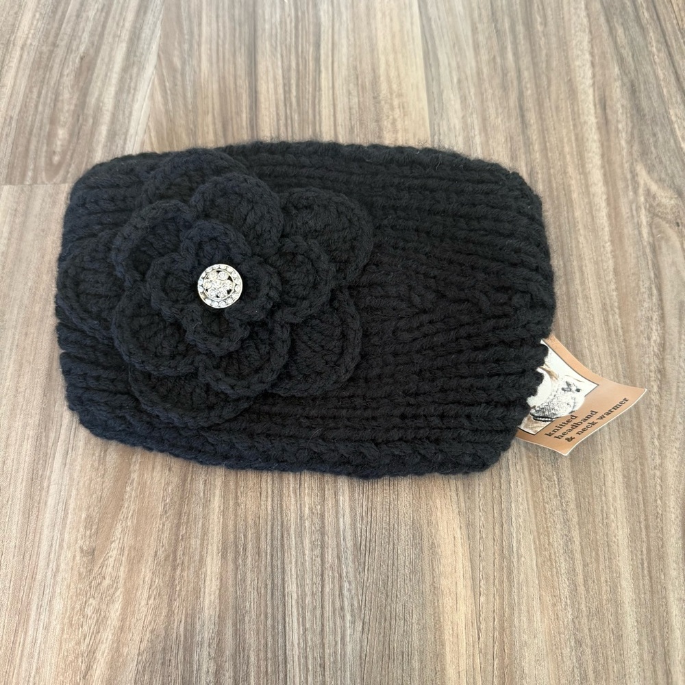 NWT C.C Womens Headwarmer Black Knit Rhinestones Flower